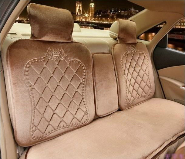 Embroidery Flower Universal Automobile Car Seat Cover Flannel Cushion 9pcs - Light coffee