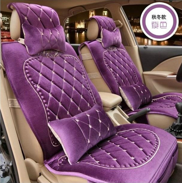 Embroidery Flower Universal Automobile Car Seat Cover Flannel Cushion 9pcs - Purple
