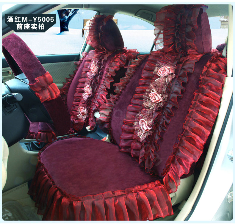 Fashion Lace 3D Flower Universal Automobile Car Seat Cover Velvet 18pcs - Rose