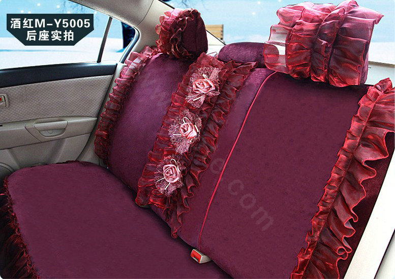Fashion Lace 3D Flower Universal Automobile Car Seat Cover Velvet 18pcs - Rose