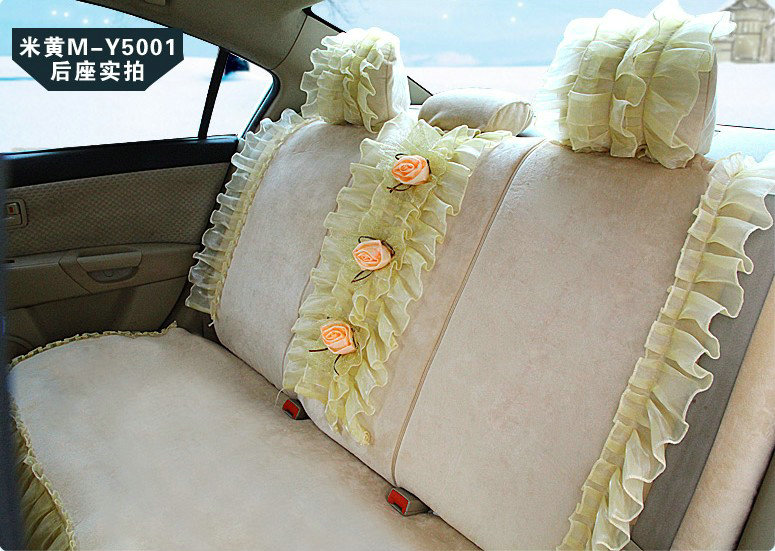 Fashion Lace 3D Flower Universal Automobile Car Seat Cover Velvet 18pcs - Yellow