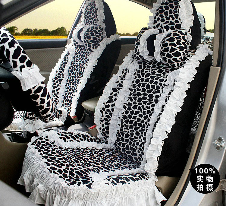 Fashion Lace Leopard Universal Automobile Car Seat Cover Velvet 18pcs - White+Black