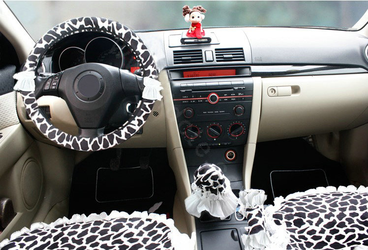 Fashion Lace Leopard Universal Automobile Car Seat Cover Velvet 18pcs - White+Black