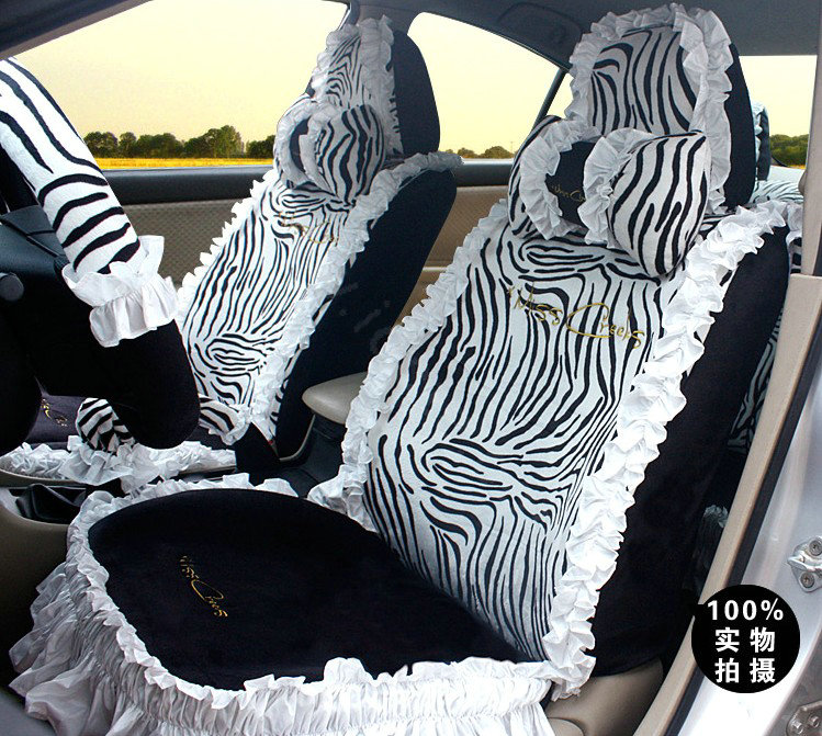 Fashion Lace Zebra Universal Automobile Car Seat Cover Velvet 18pcs - White+Black