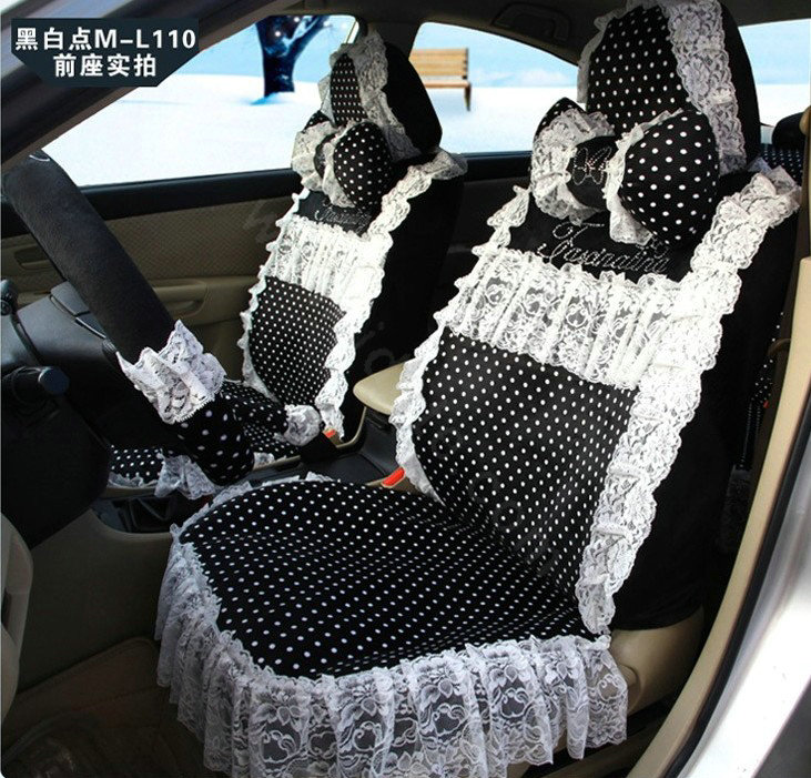 Fashion Lace flower Diamond Dot Universal Automobile Car Seat Cover Velvet 18pcs - Black