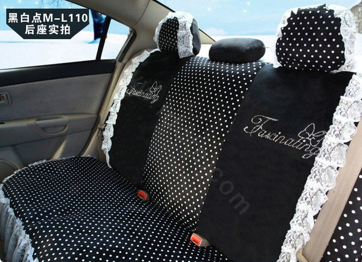 Fashion Lace flower Diamond Dot Universal Automobile Car Seat Cover Velvet 18pcs - Black