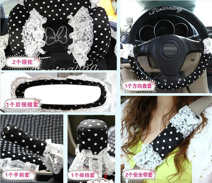 Fashion Lace flower Diamond Dot Universal Automobile Car Seat Cover Velvet 18pcs - Black