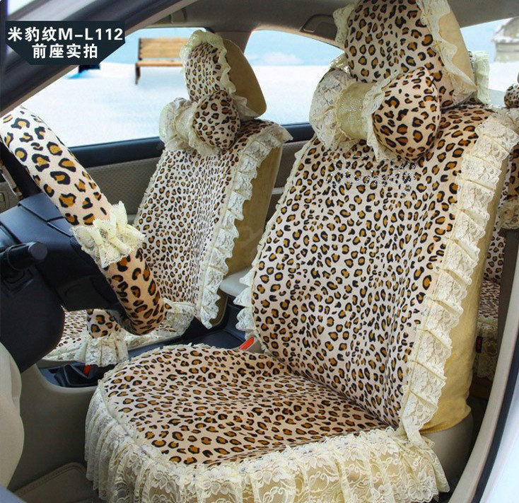 Fashion Lace flower Diamond Leopard Universal Automobile Car Seat Cover Velvet 18pcs - Beige