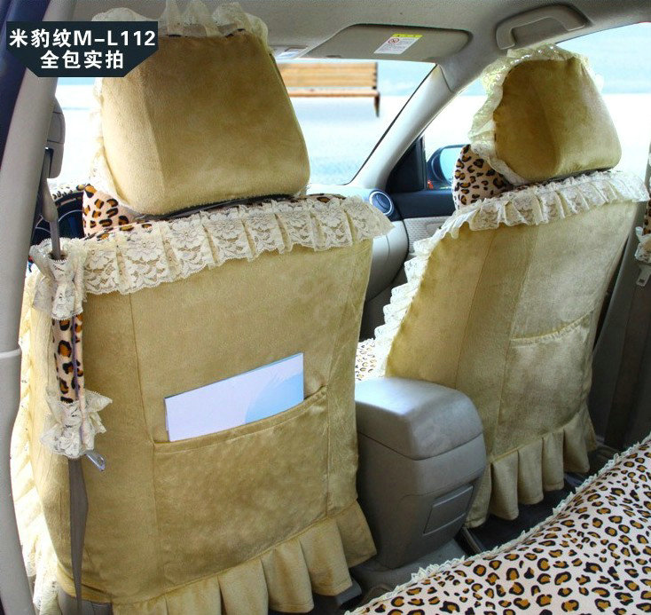 Fashion Lace flower Diamond Leopard Universal Automobile Car Seat Cover Velvet 18pcs - Beige