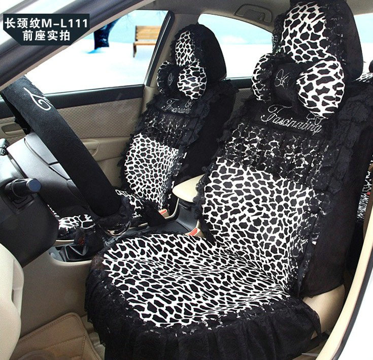 Fashion Lace flower Diamond Leopard Universal Automobile Car Seat Cover Velvet 18pcs - Black