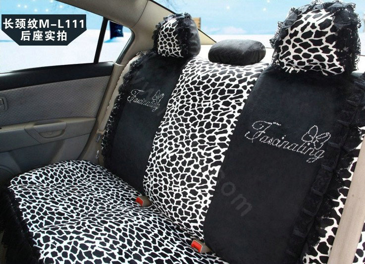 Fashion Lace flower Diamond Leopard Universal Automobile Car Seat Cover Velvet 18pcs - Black