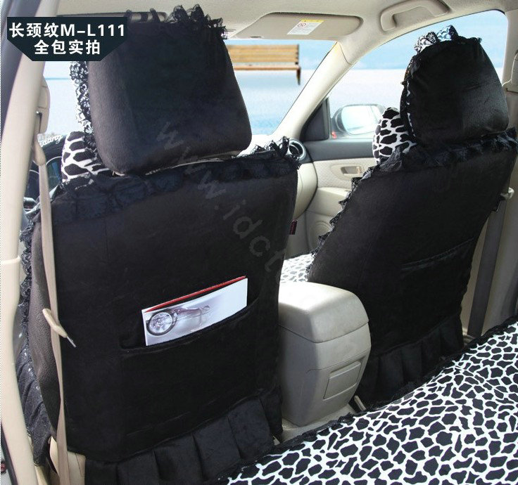 Fashion Lace flower Diamond Leopard Universal Automobile Car Seat Cover Velvet 18pcs - Black