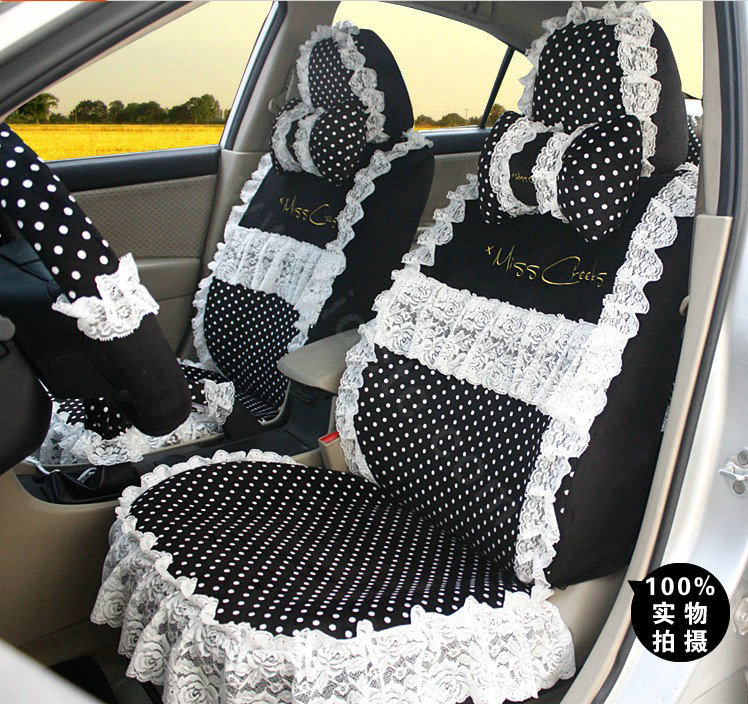 Fashion Lace flower Dot Universal Automobile Car Seat Cover Velvet 18pcs - White+Black