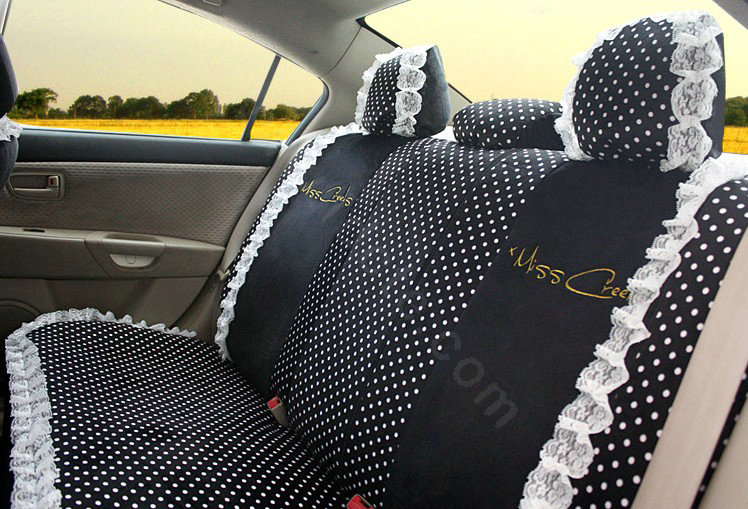 Fashion Lace flower Dot Universal Automobile Car Seat Cover Velvet 18pcs - White+Black