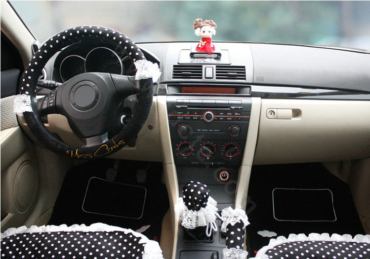 Fashion Lace flower Dot Universal Automobile Car Seat Cover Velvet 18pcs - White+Black