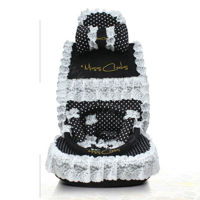 Fashion Lace flower Dot Universal Automobile Car Seat Cover Velvet 18pcs - White+Black