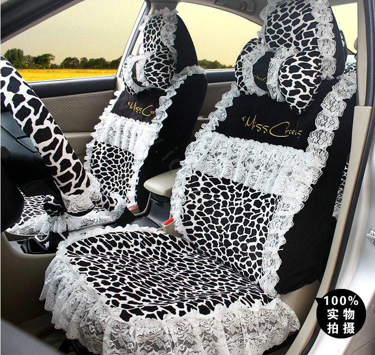 Fashion Lace flower Leopard Universal Automobile Car Seat Cover Velvet 18pcs - White+Black