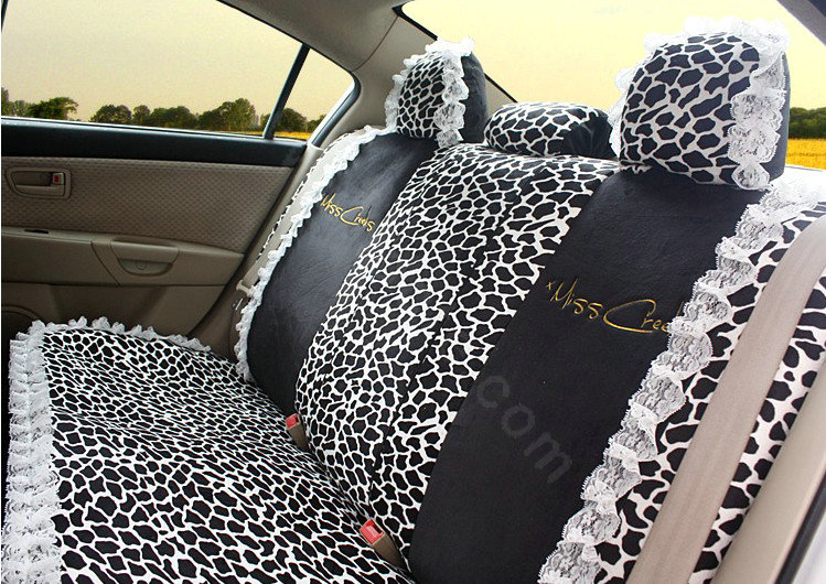 Fashion Lace flower Leopard Universal Automobile Car Seat Cover Velvet 18pcs - White+Black