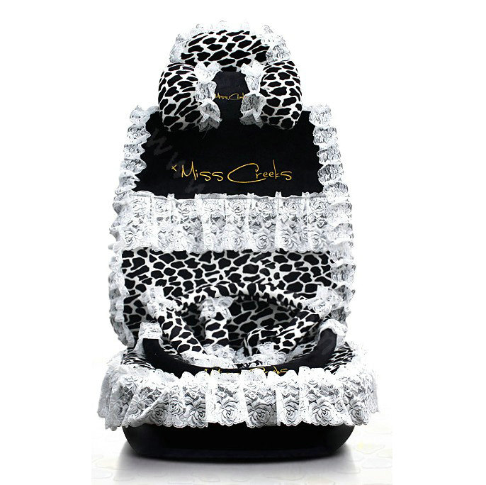 Fashion Lace flower Leopard Universal Automobile Car Seat Cover Velvet 18pcs - White+Black