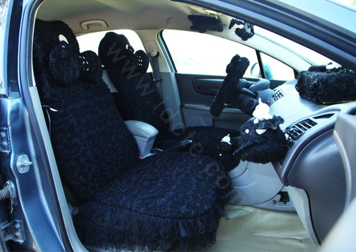 Mei Mei Bear Lace Universal Automobile Car Seat Cover Rose Velvet Cushion 8pcs - Black