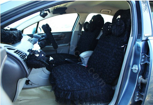 Mei Mei Bear Lace Universal Automobile Car Seat Cover Rose Velvet Cushion 8pcs - Black