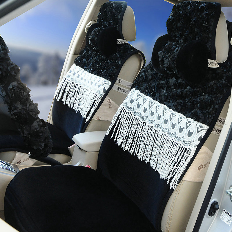 OULILAI 3D Flower Lace Tassel Universal Automobile Car Seat Cover Plush Cushion 9pcs - Black