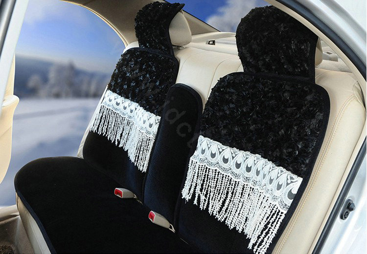 OULILAI 3D Flower Lace Tassel Universal Automobile Car Seat Cover Plush Cushion 9pcs - Black