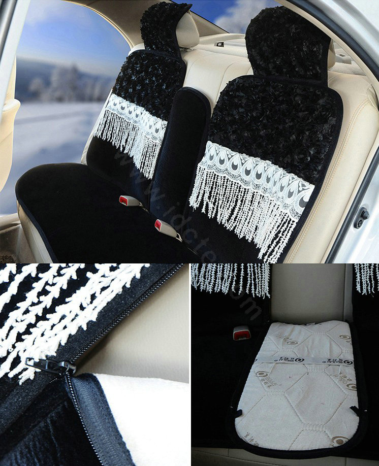 OULILAI 3D Flower Lace Tassel Universal Automobile Car Seat Cover Plush Cushion 9pcs - Black