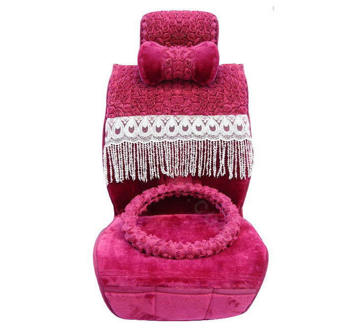 OULILAI 3D Flower Lace Tassel Universal Automobile Car Seat Cover Plush Cushion 9pcs - Rose