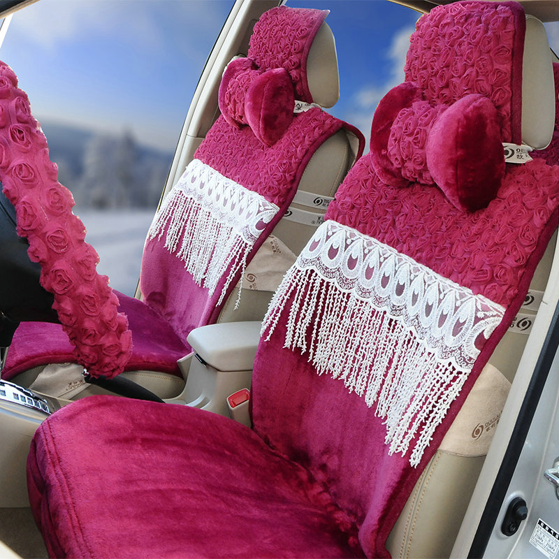 OULILAI 3D Flower Lace Tassel Universal Automobile Car Seat Cover Plush Cushion 9pcs - Rose