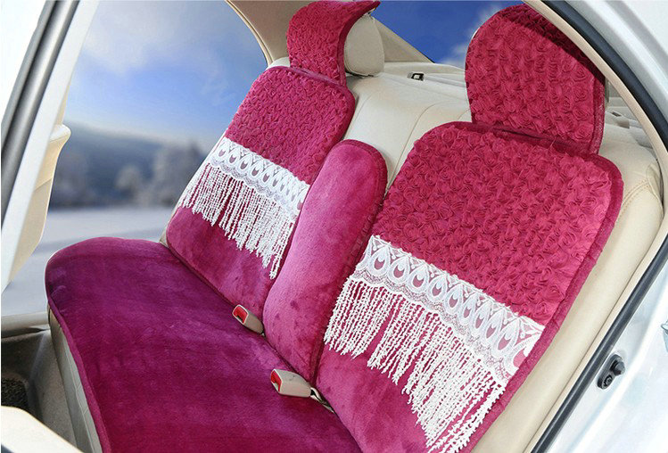 OULILAI 3D Flower Lace Tassel Universal Automobile Car Seat Cover Plush Cushion 9pcs - Rose