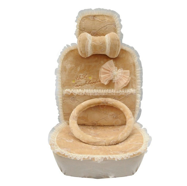 OULILAI Lace Bowknot Universal Automobile Car Seat Cover Cushion Plush 7pcs - Beige