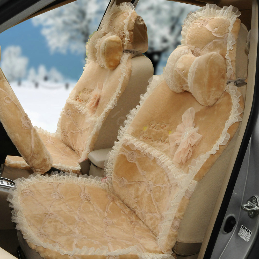 OULILAI Lace Bowknot Universal Automobile Car Seat Cover Cushion Plush 7pcs - Beige