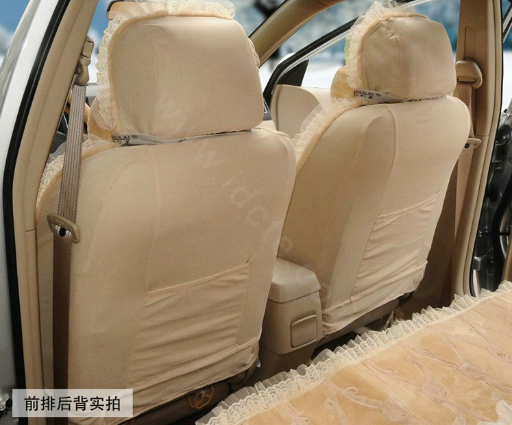 OULILAI Lace Bowknot Universal Automobile Car Seat Cover Cushion Plush 7pcs - Beige