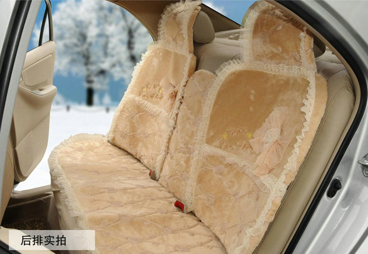 OULILAI Lace Bowknot Universal Automobile Car Seat Cover Cushion Plush 7pcs - Beige