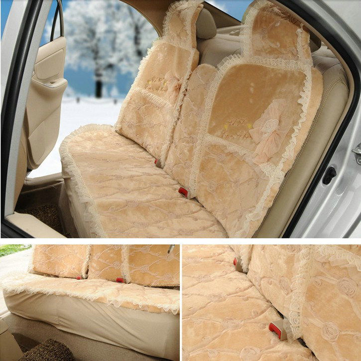 OULILAI Lace Bowknot Universal Automobile Car Seat Cover Cushion Plush 7pcs - Beige