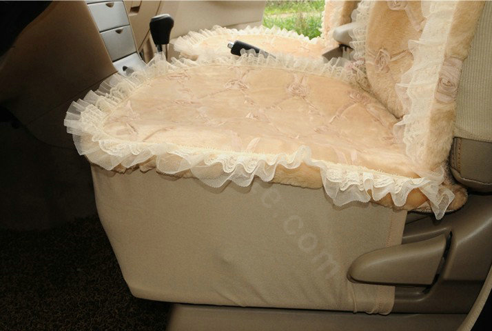 OULILAI Lace Bowknot Universal Automobile Car Seat Cover Cushion Plush 7pcs - Beige