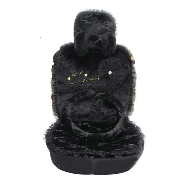 OULILAI Lace Bowknot Universal Automobile Car Seat Cover Cushion Plush 7pcs - Black