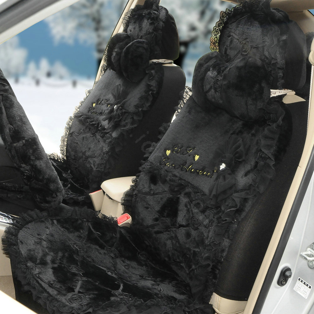 OULILAI Lace Bowknot Universal Automobile Car Seat Cover Cushion Plush 7pcs - Black