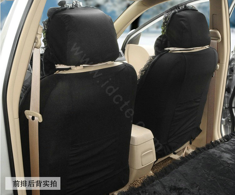 OULILAI Lace Bowknot Universal Automobile Car Seat Cover Cushion Plush 7pcs - Black