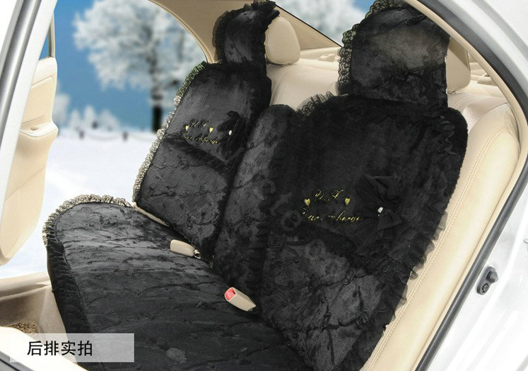 OULILAI Lace Bowknot Universal Automobile Car Seat Cover Cushion Plush 7pcs - Black