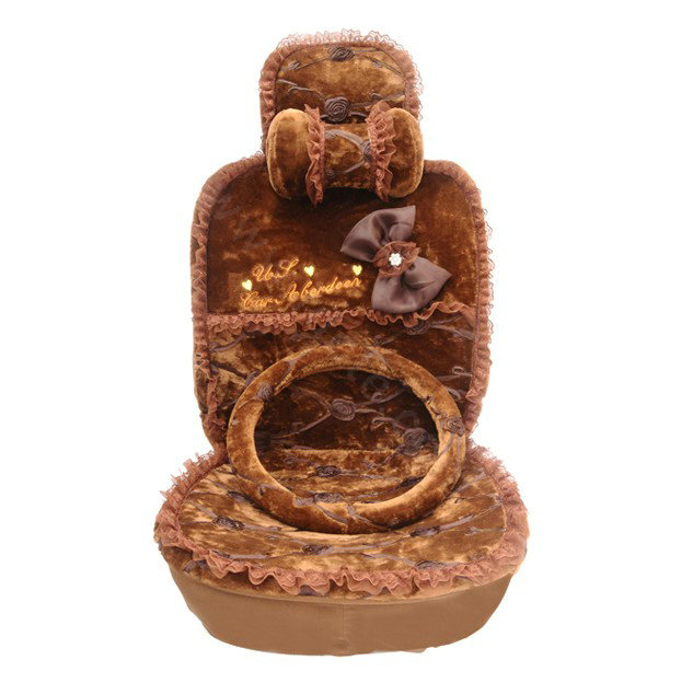 OULILAI Lace Bowknot Universal Automobile Car Seat Cover Cushion Plush 7pcs - Coffee