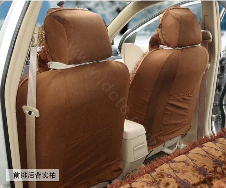 OULILAI Lace Bowknot Universal Automobile Car Seat Cover Cushion Plush 7pcs - Coffee