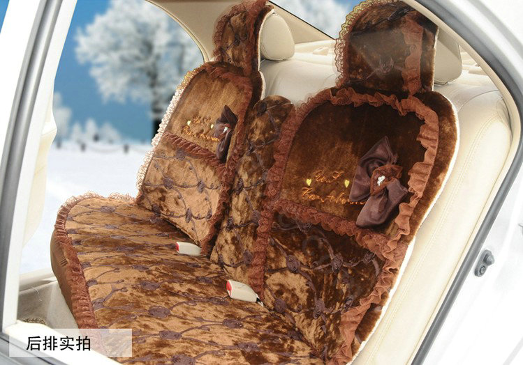 OULILAI Lace Bowknot Universal Automobile Car Seat Cover Cushion Plush 7pcs - Coffee
