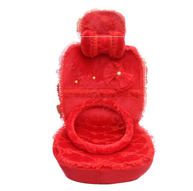 OULILAI Lace Bowknot Universal Automobile Car Seat Cover Cushion Plush 7pcs - Red