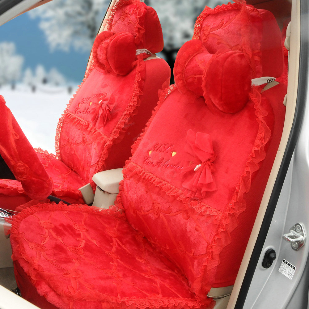 OULILAI Lace Bowknot Universal Automobile Car Seat Cover Cushion Plush 7pcs - Red