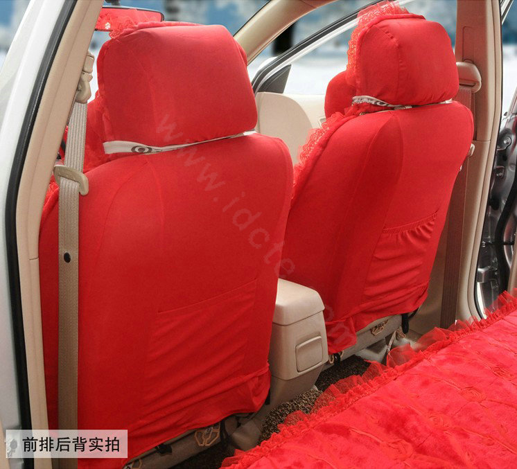 OULILAI Lace Bowknot Universal Automobile Car Seat Cover Cushion Plush 7pcs - Red