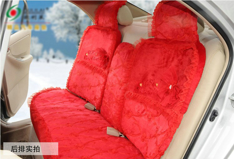 OULILAI Lace Bowknot Universal Automobile Car Seat Cover Cushion Plush 7pcs - Red