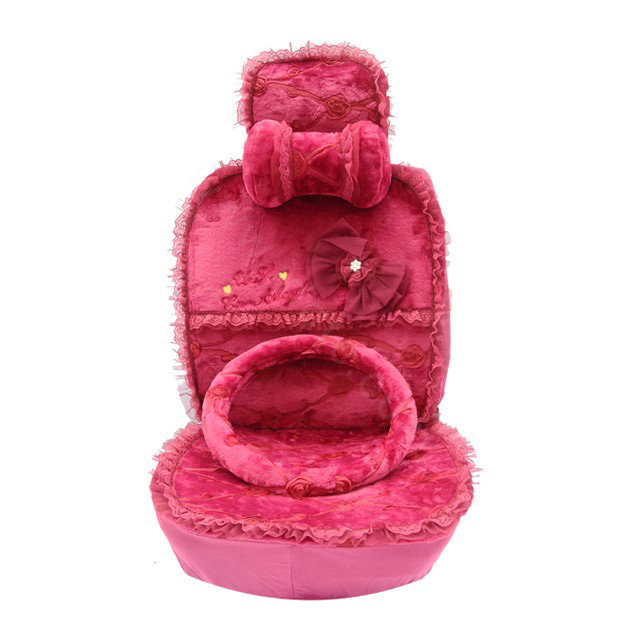 OULILAI Lace Bowknot Universal Automobile Car Seat Cover Cushion Plush 7pcs - Rose