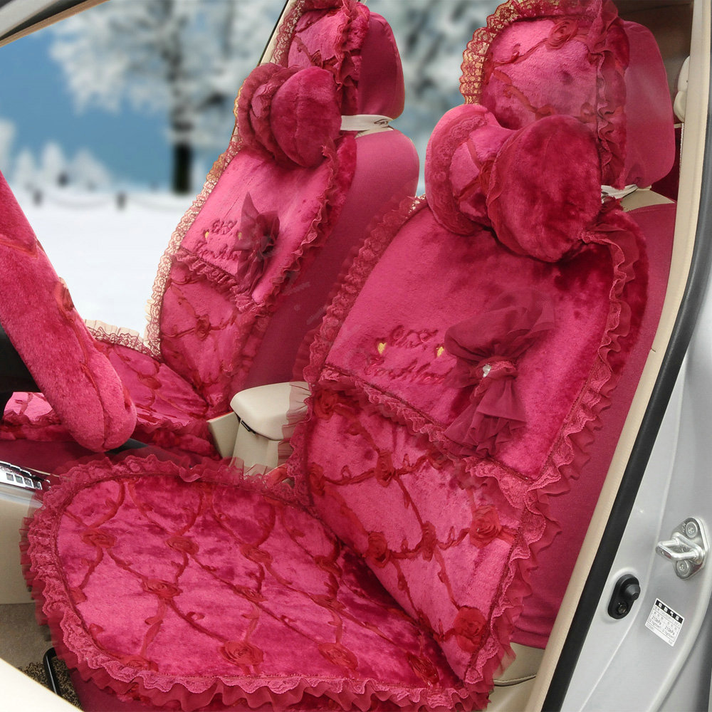 OULILAI Lace Bowknot Universal Automobile Car Seat Cover Cushion Plush 7pcs - Rose